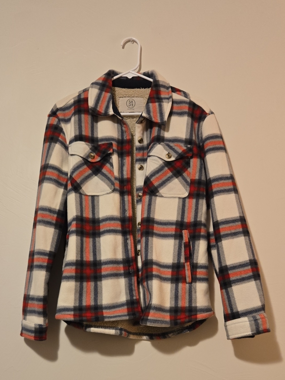 Plaid Sherpa-Lined White and Red Women's Shacket